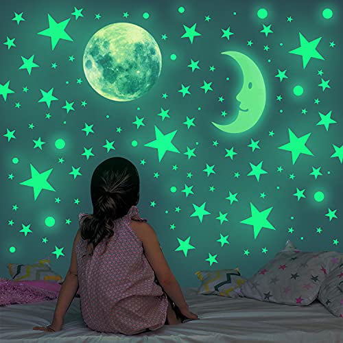 Glowing Ceiling Decals Stickers for Kids Wall Decals-Realistic Stars and Full Moon Shining Decoration Girls Boys 858 PCS Glow in The Dark Stars Wall Stickers 